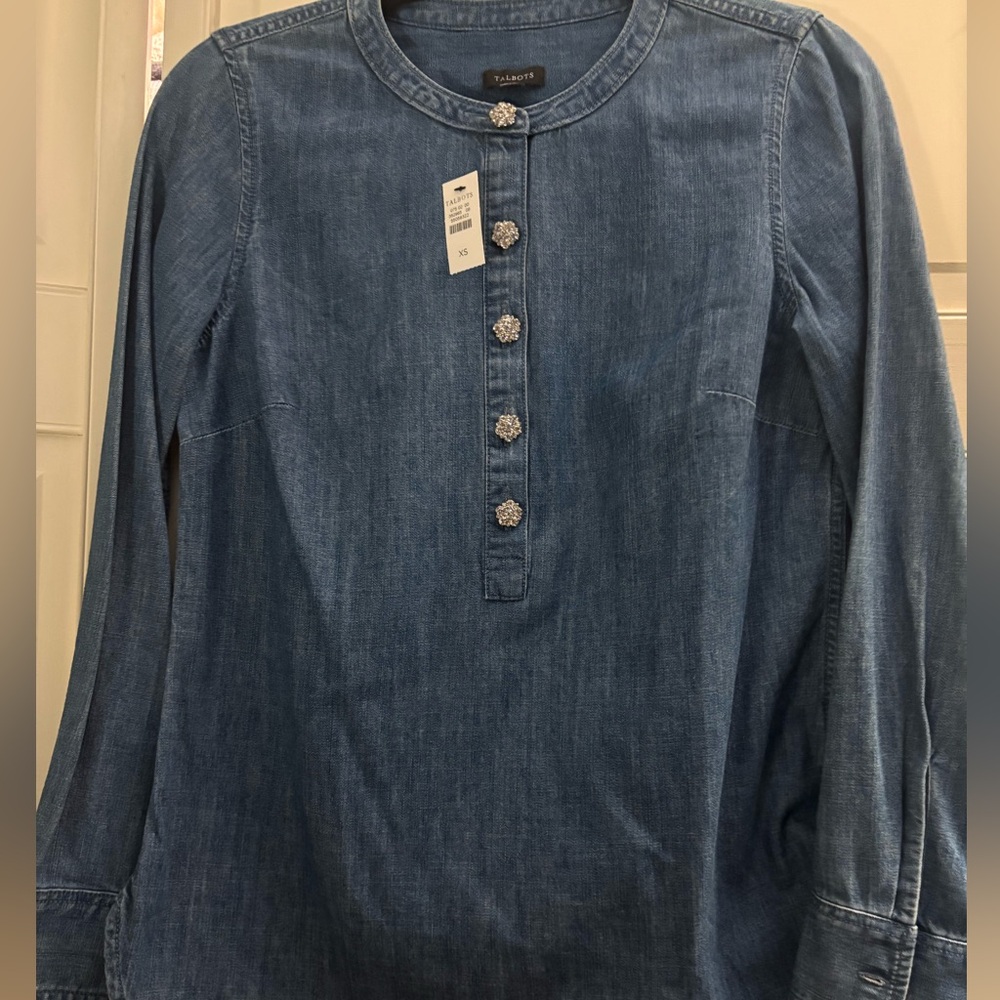 Talbots Denim Popover Top with Rhinestone Buttons - Picture 2 of 5